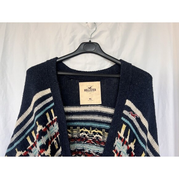 Hollister Navy Tribal Southwestern Belted Cardigan Vest Aztec Boho Western M/L - Picture 2 of 9